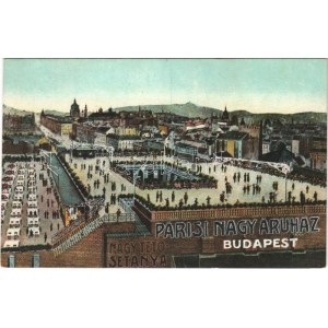 Budapest VI. Párisi Nagyáruház nagy tetősétánya, vendéglő, jégpálya korcsolyázókkal