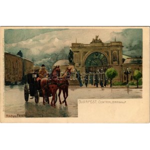 Budapest VII. Központi (Keleti) pályaudvar, fiáker / Centralbahnhof. Künstlerpostkarte No. 2874...