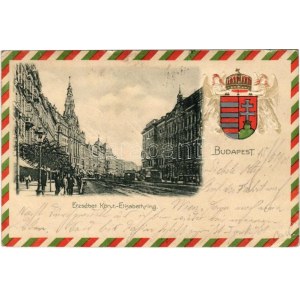 1901 Budapest VII. Erzsébet körút, villamosok, New York palota. Dombornyomott magyar címeres képeslap (EK...