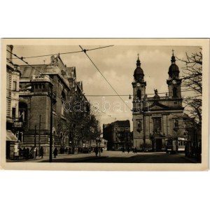 Budapest VIII. Mária Terézia tér (ma Horváth Mihály tér), templom, 16-os villamos, Ormos cipő áruház üzlete...