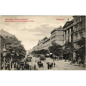 1908 Budapest VIII. Rákóczi út, Nemzeti színház, villamosok, Holzer női feltöltők. Divald Károly 375-1907...