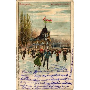 1899 (Vorläufer) Budapest XIV. Városliget, korcsolyázók a pavilonnál télen, magyar zászló. Kunstanstalt Kosmos S. IX...