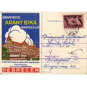 1949 Debrecen, Arany Bika Nagyszálló kávéháza és étterme. Tulajdonosok: Bujdosó és Frank. reklám (EK...