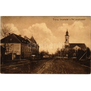 1933 Enying, utca, református templom, autó (EB)