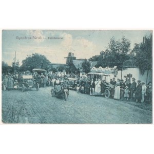 1917 Gyopáros-fürdő (Orosháza), fürdőrészlet, érkező vendégek autókkal és oldalkocsis motorkerékpárral (EK...