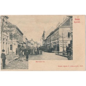 Győr, Baross út, Königsberg Béla, Piczek György, Strausz Jenő és Diamant Jakab üzlete. Lipsitz S...