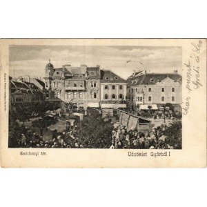 1904 Győr, Széchenyi tér, piac, Raab Lajos és Cohn Móricz és Társa üzlete. Berecz Viktor kiadása (fl...