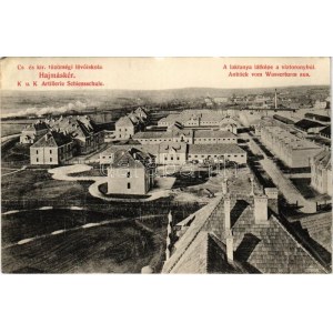 1918 Hajmáskér, Cs. és kir. tüzérségi lövőiskola, laktanya látképe a víztoronyból
