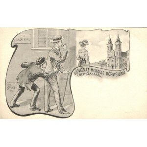 ~1899 Hejőcsaba, Heö-Csaba (Miskolc); Szecessziós humoros művészlap. Gedeon András kiadása / Art Nouveau art postcard s...
