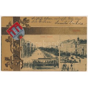 1902 Sopron, Deák tér, SVEV villamos. Blum. N. kiadása. Címeres szecessziós keret, Art Nouveau...