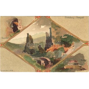 Visegrád, Etzelsburg, Hauptthor, Brunnen / Vár a főkapuval és kúttal. H. Koch Wien I. No. 19. Art Nouveau, litho s: J...