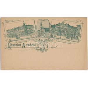 ~1899 (Vorläufer) Arad, Pénzügyi palota, Római katolikus templom, Fehér Kereszt szálloda. Lengyel Lipót ...