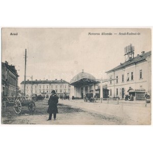 Arad, Motoros vasútállomás az Arad-Radnai úton, kisvasút, városi vasút, vonat, Flesch András kioszkja ...