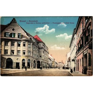 1912 Brassó, Kronstadt, Brasov; Kapu utca, Korona szálloda és kávéház, Seewaldt A. és Theil. üzlete / street...