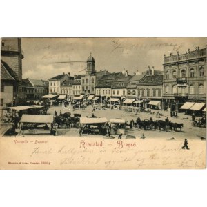 1902 Brassó, Kronstadt, Brasov; Búzasor, piac, görögkeleti templom, Servatius & Graef üzlete, Schutzengel gyógyszertár ...