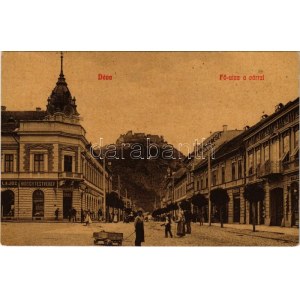 1908 Déva, Fő utca, vár, Hirsch testvérek és Mallász üzlete, gyógyszertár. Kroll Gyula kiadása / street, castle, shops...