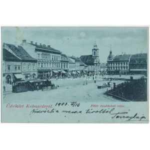 1903 Kolozsvár, Cluj; Fő tér északkeleti oldala, városi vasút, kisvasút, vonat a megállóban, este, Gergely Ferenc...