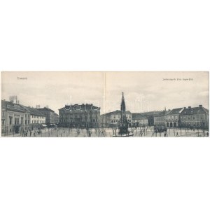 1915 Temesvár, Timisoara; Jenő herceg tér, Rukavina emlékmű (Szégyenszobor), villamos, takarékpénztár...