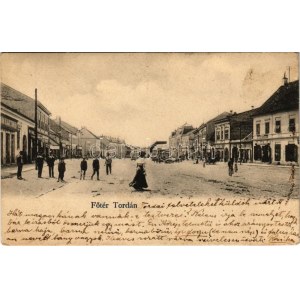 1907 Torda, Turda; Fő tér, Miron Kajetán, Ifj. Balla Miklós, Polonyi Sándor és Juhász Mihály üzlete / main square...