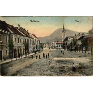 1909 Alsókubin, Dolny Kubín; Fő tér, templom, üzlet. W.L. Bp. Neumann József felvétele és kiadása / main square, church...