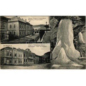 1912 Dobsina, Dobschau; Állami polgári leányiskola, Fő tér, Takarékpénztár, jégbarlang belső a kúttal...