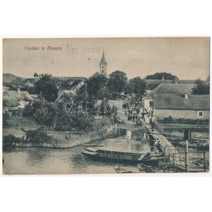 1921 Almás, Apfeldorf, Aljmas (Erdőd, Ardut); fahíd, templom, utca / wooden bridge, church, street (fl...