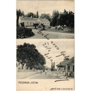 1906 Atyina, Vocsin, Vocin; utca, Jankovics kastély, Leopold Fuchs üzlete / street, shop, castle (fl...