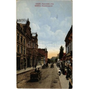 1917 Eszék, Osijek, Essegg; Kapucinska ulica / utca, szálloda, üzletek / street, hotel, shops (EK...