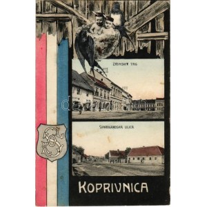 1908 Kapronca, Kopreinitz, Koprivnica; Tér és utca. Szecessziós lap horvát zászlóval / Zrinsky trg, Starogradska ulica ...