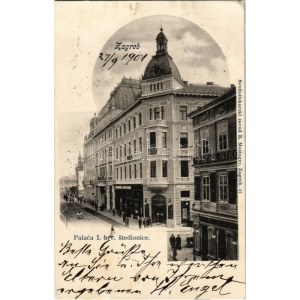 1901 Zagreb, Zágráb; Palaca I. hrv. stedionice, Petar Niko., Zubar Dr. Friedrich / dentist, shops, saving bank, street ...