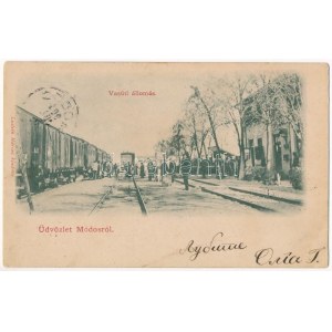 1901 Módos, Jasa Tomic; vasútállomás, vonat, gőzmozdony. Lustein Márcus kiadása / Bahnhof / railway station, train...
