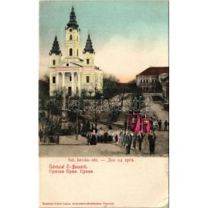 Óbecse, Ó-Becse, Stari Becej; Szent István tér, körmenet zászlókkal, templom / square, procession, church (EK...