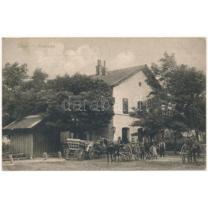 1914 Ókér, Okeri, Altker, Zmajevo; vasútállomás, lovaskocsik. Wolf fényképész kiadása / railway station, horse carts ...