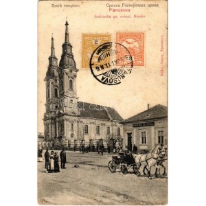 1909 Pancsova, Pancevo; Serbische gr. orient. Kirche / Szerb ortodox templom, M. kir. állami elemi iskola...