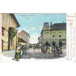1901 Pancsova, Pancevo; Ráday utca, Polgári és felső kereskedelmi iskola, Stimler Otto, Nádor üzlete...