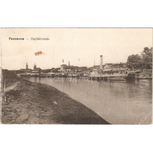 1918 Pancsova, Pancevo; Hajóállomás, gőzhajó. Vasúti Levelezőlapárusítás 1214. / ship station, steamship (fa...