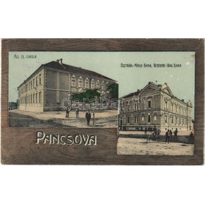 1915 Pancsova, Pancevo; Állami elemi iskola, Osztrák-Magyar Bank, kerékpár. Kohn Samu kiadása / elementary school...