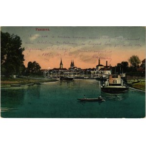 1915 Pancsova, Pancevo; kikötő uszályokkal. Kohn Samu kiadása / port with barges (EK)