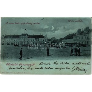 1900 Pancsova, Pancevo; A római katolikus egyházközség épülete, Weiss szálloda, piac, üzletek. Kohn Samu kiadása ...
