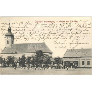 1915 Párdány, Meda; Templom, Ifj. Funk Henrik üzlete / church, shop of Hernik Funk jr.