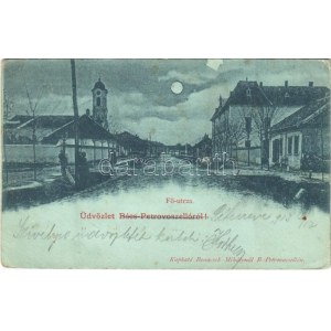 1913 Péterréve, Bács-Petrovoszelló, Backo Petrovo Selo; Fő utca, templom este. Benacsek Mihály kiadása / main street...
