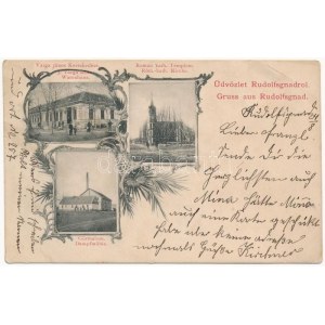 1906 Rezsőháza, Rudolfsgnad, Knicanin; J. Varga'sches Warenhaus, Röm.-kath. Kirche, Dampfmühle ...