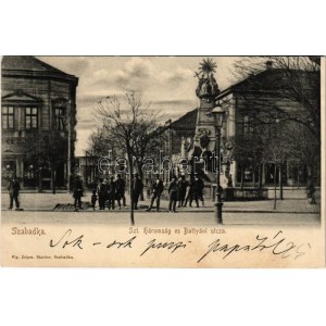 1903 Szabadka, Subotica; Szentháromság szobor, Battyání utca, Grünbaum Mór üzlet / Trinity statue, street...