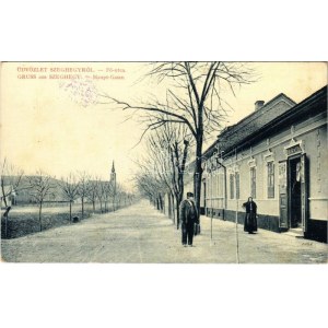 Szeghegy, Sekic, Lovcenac; Fő utca, L. D. Schaffe üzlete, templom. W.L. Bp. 620. Becker Dávid & Co. kiadása ...