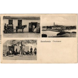 Szenttamás, Bácsszenttamás, Srbobran; híd, falubeliek, Gerstheimer B. üzlete, lovaskocsi / villagers, bridge, shop...