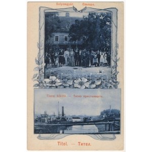 1909 Titel, Tiszai kikötő, gőzhajó, Selyemgyár. Szuboticski Szimó kiadása / port, steamships, silk factory, silk mill...