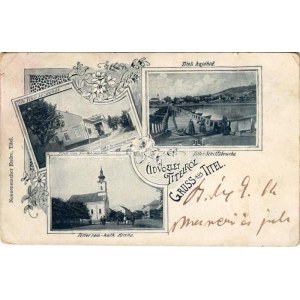 1909 Titel, hajóhíd, községház, római katolikus templom. Nonnenmacher Endre kiadása / pontoon bridge, church, town hall...