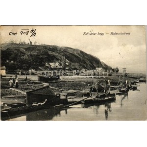 1908 Titel, Kálvária hegy és kápolna, kikötő, halászhajók / Kalvarienberg / calvary hill and chapel, port...