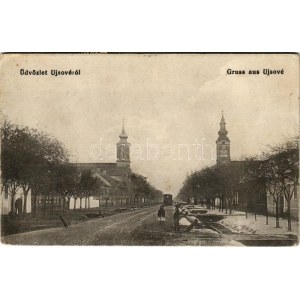 1918 Újsové, Neu-Schowe (Sóvé, Ravno Selo); Fő utca és templomok télen / main street and churches in winter (EK...