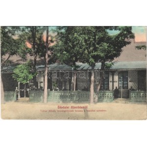 1913 Újverbász, Novi Vrbas (Verbász, Vrbas); Tábori Mihály vendéglője a vasúttal szemben, terasz / railway restaurant...